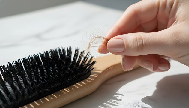 Close-up of a woman's hand picking lost hair strands from a wooden comb on a white marble surface for hair loss and scalp health concept with bright natural lighting