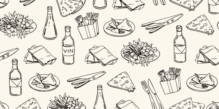 Hand drawn doodle food pattern with wine cheese and sandwiches