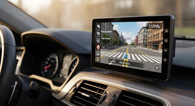 Car dashboard with navigation screen display.