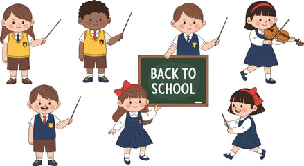 Back to school children cartoon students in uniform with blackboard and violin cute education vector set © Shabita