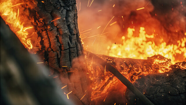 Wildfire raging through dense forest trees concept. Close-up of a burning log, flames and sparks illuminate the scene.