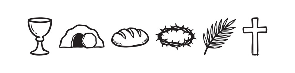 Naklejka premium Vector icons of religious Christian symbols in a clean line style, featuring a wheat stalk, communion chalice, bread loaf, cross, crown of thorns, and the empty tomb of Jesus.