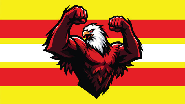 esports eagle mascot logo, powerful anthropomorphic eagle character with muscular upper body and clenched fists, thick black outline, fierce confident expression, sharp hooked beak