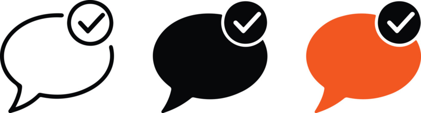 Minimalist chat bubble vector icon set with checkmark symbol for verified messages approval and confirmation in black orange outline styles.