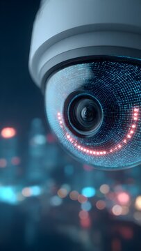 Surveillance camera housing with data graphs, mesh, laptop user, skyline, blue theme.