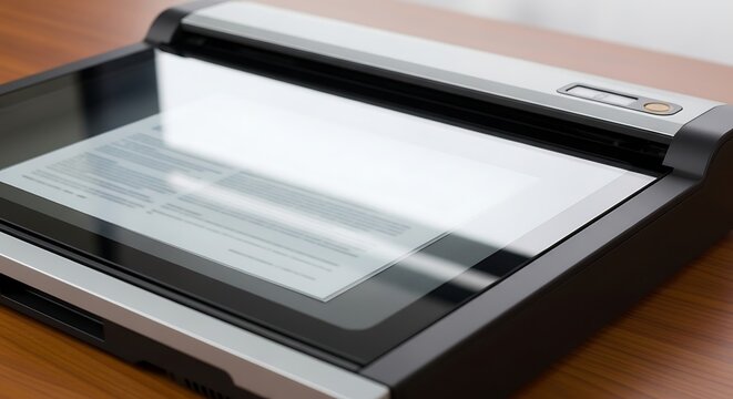 Laminator machine on wooden desk surface.