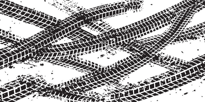 Crossed tire track grunge texture: overlapping wheel tread marks with dirt splatter, bold black and white rugged automotive background pattern