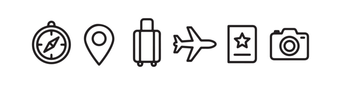 Vector icons representing travel and vacation essentials in a clean, thin line style, featuring a passport, an airplane, a compass, a map location pin, a rolling suitcase, and a photo camera.