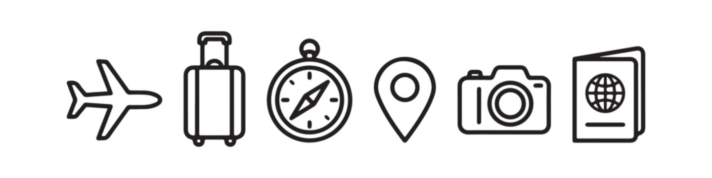 Vector icons representing travel and vacation essentials in a clean, thin line style, featuring a passport, an airplane, a compass, a map location pin, a rolling suitcase, and a photo camera.