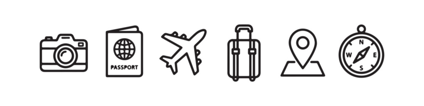 Vector icons representing travel and vacation essentials in a clean, thin line style, featuring a passport, an airplane, a compass, a map location pin, a rolling suitcase, and a photo camera.
