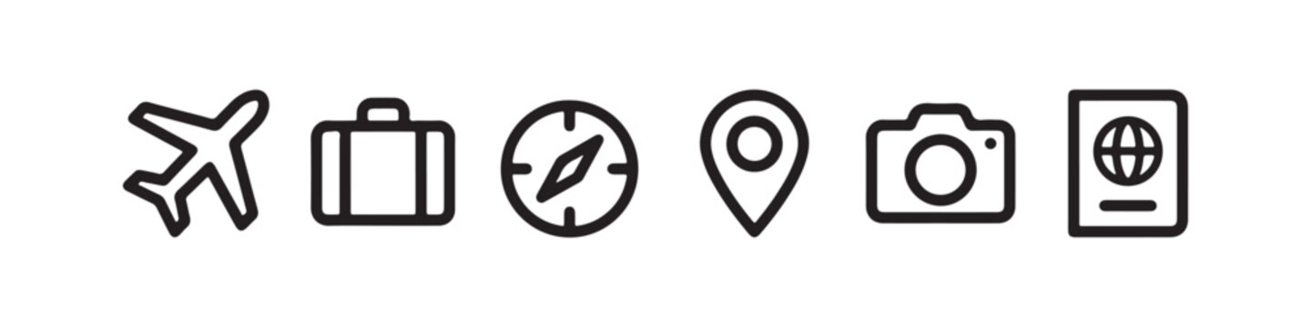 Vector icons representing travel and vacation essentials in a clean, thin line style, featuring a passport, an airplane, a compass, a map location pin, a rolling suitcase, and a photo camera.