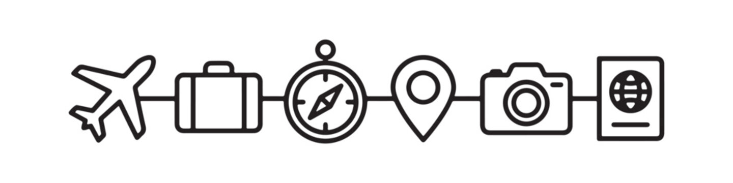 Vector icons representing travel and vacation essentials in a clean, thin line style, featuring a passport, an airplane, a compass, a map location pin, a rolling suitcase, and a photo camera.