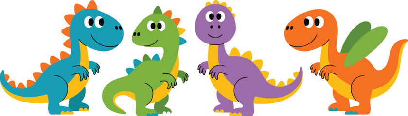 Fototapeta premium Colorful Cartoon Dinosaurs Standing in Row