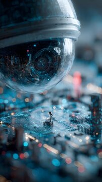 Surveillance camera with data graphs, network mesh, laptop, city skyline, blue cyber theme.