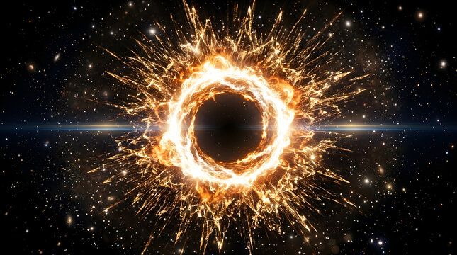 Golden ring of fire explosion with stardust particles in deep space