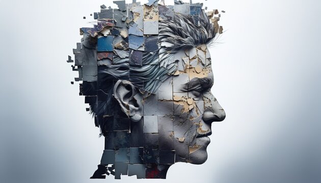 A mosaic portrait of a man with a puzzled expression
