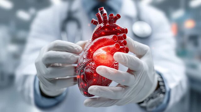 Doctor shows human heart during medical demonstration in lab setting with advanced technology