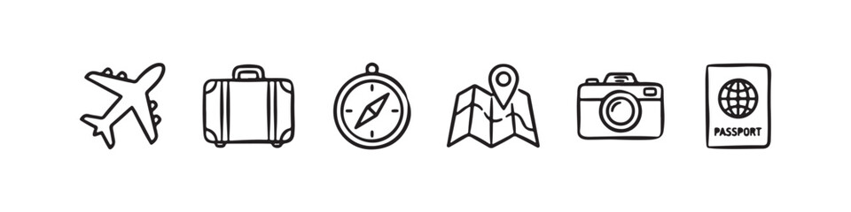 Vector icons of essential travel and adventure gear in a clean, hand-drawn outline style, featuring a folded map with a pin, an airplane, a compass, a passport, a classic suitcase, and a photo camera. © Ірина Гринюк