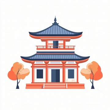 Traditional Asian pagoda temple illustration with curved blue roof and autumn trees, elegant oriental architecture landmark, flat design cultural building, minimalist cartoon style historic shrine fac