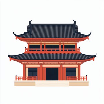 Traditional Japanese temple illustration with red wooden architecture and curved black roof, historic Asian pagoda building, flat design cultural landmark, minimalist cartoon style oriental shrine fac