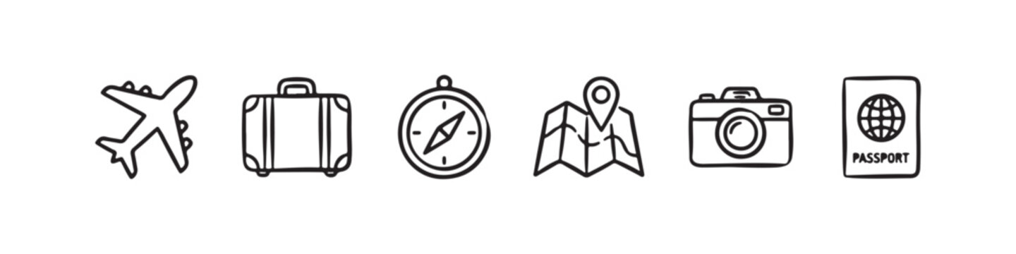 Vector icons of essential travel and adventure gear in a clean, hand-drawn outline style, featuring a folded map with a pin, an airplane, a compass, a passport, a classic suitcase, and a photo camera.