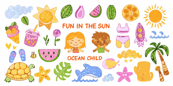 Watercolor summer doodle set with ocean and fruit elements