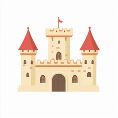 Fototapeta premium Minimalist fairytale castle illustration with red towers and medieval architecture, cute fantasy palace in pastel flat design style