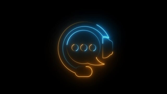 Neon customer support icon glowing blue and orange headset with chat bubble dark background.