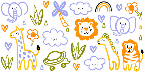 whimsical safari animal doodles on a white background © Hemlata