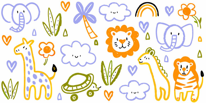 whimsical safari animal doodles on a white background