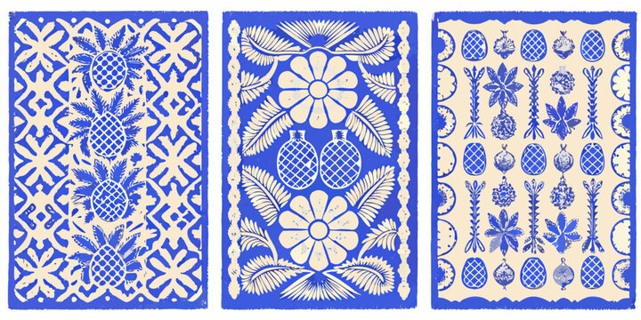 talavera style tiles set of three blue and white patterns