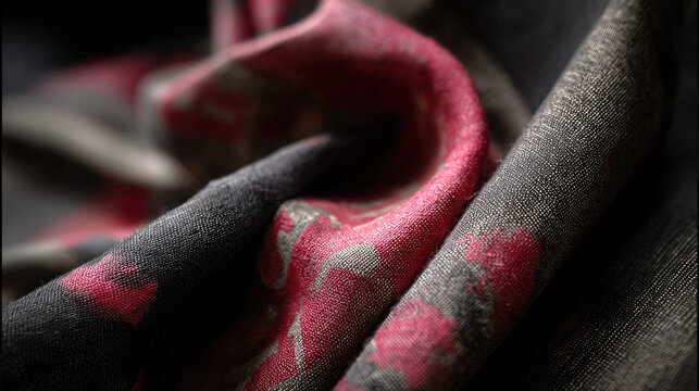Samurai ronin on hill with city moon view concept. Close-up of elegant textured fabric featuring dark and floral patterns.