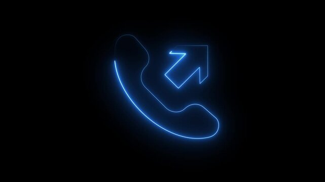 Neon outgoing call icon glowing blue phone receiver with arrow symbol on dark background.