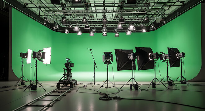 A fully equipped television studio with professional lighting and a green screen backdrop, ready for film production and broadcasting