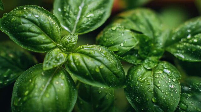 Basil herb leaves with water drops fresh green culinary plant