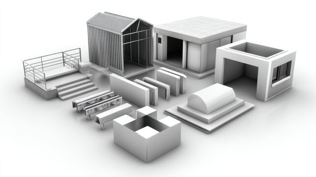 Diverse Collection of Minimalistic Architectural Building Blocks and Structures with Various Shapes for Conceptual Design Projects