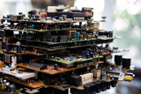 Stack of old electronic circuit boards with colorful components, vintage technology