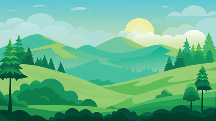 Fototapeta premium Minimalist flat design vector illustration of a lush green mountain landscape.
