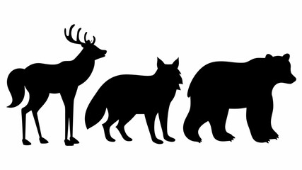 Fototapeta premium Silhouette of deer fox and bear standing in a row on white background forest animals vector illustration