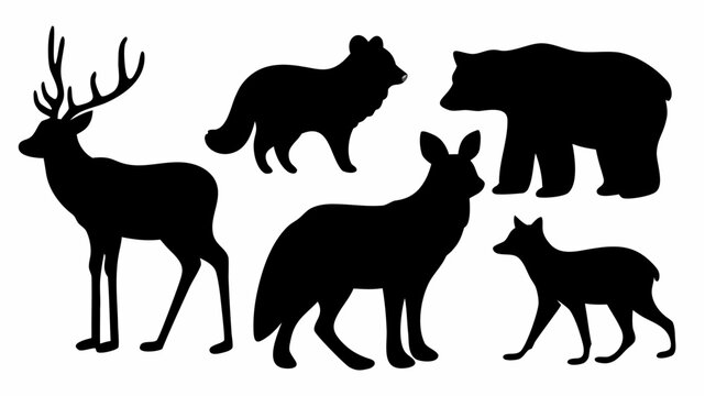 Black silhouettes of deer wolf bear and fox on white background forest animal icons set