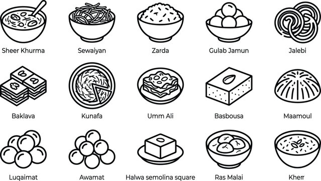 Eid Desserts and Sweets Line Icons &ndash; Traditional Mithai, Ramadan Iftar, Islamic Food Vector Set