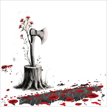  Surreal vector illustration of an axe embedded in a tree stump with red flowers growing from the handle, symbolizing nature's resilience.t