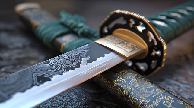 Samurai ronin on hill with city moon view concept. Detailed view of a traditional sword with intricate design.