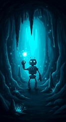 Fototapeta premium Robot standing in a dark cave.
