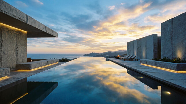 Oversized infinity pool reflecting vast blue skies sharp minimalist stone accent