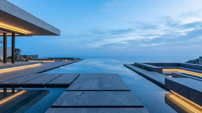 Oversized infinity pool reflecting vast blue skies sharp minimalist stone accents luxury outdoor design concept