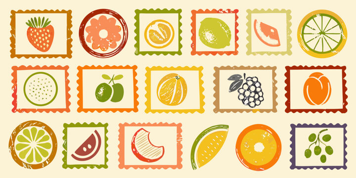 Fruit stamps collection colorful watercolor style on beige background