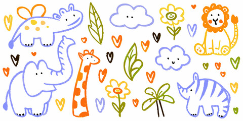 whimsical safari animal doodles playful hand drawn illustration on white background © NaderAli
