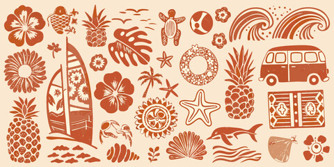 Retro travel themed illustrations with tropical flowers pineapples and ocean elements © NaderAli