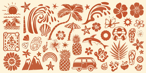 Retro travel themed illustrations set terracotta color © NaderAli